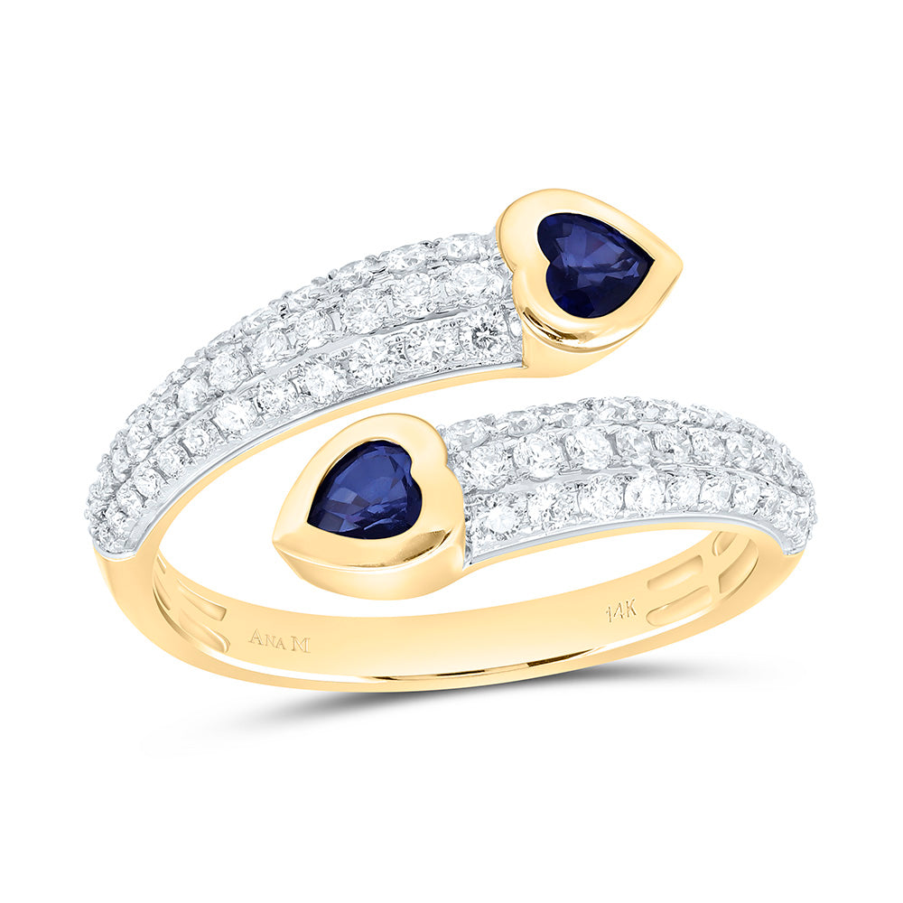14K Yellow Gold 1/2 Cttw Natural Diamond Ana M 4Mm Heart Blue Sapphire Natural Gem Heart Bridal Anniversary Wedding Engagement Band Ring