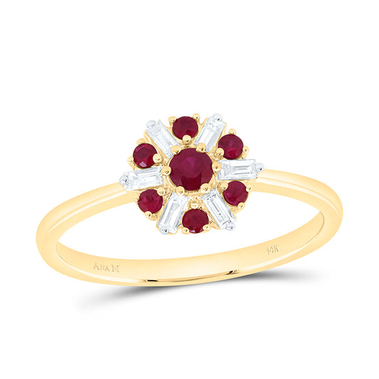 14K Yellow Gold 1/8Cttw Natural Diamond Ana M 1/5Cttw Round Ruby Flower Ring