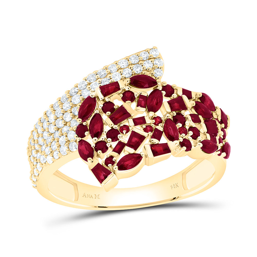 14K Yellow Gold 1/3Ctw Natural Diamond Ana M 1/5Ct Round Ruby, 1/2Ct Marquise Ruby, 1/3Ct Baguette Ruby, Natural Gem Ring