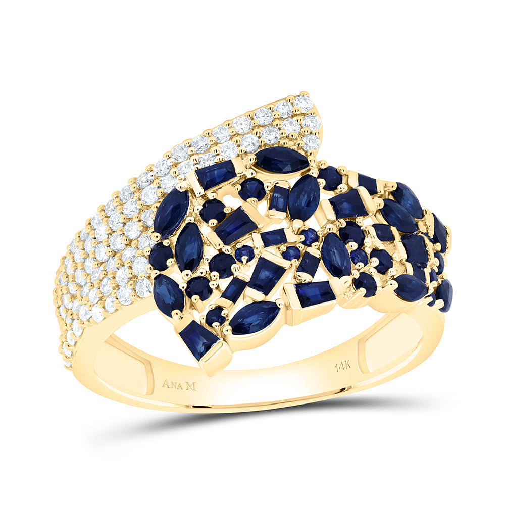 14K Yellow Or White Gold 1/3 Cttw Natural Diamond 1/5 Cttw Round, 1/2 Cttw Marquise, 1/3 Cttw Baguette Blue Sapphire, Natural Gem Bridal Anniversary Wedding Engagement Band Ring