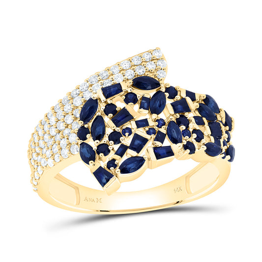 14K Yellow Or White Gold 1/3 Cttw Natural Diamond 1/5 Cttw Round, 1/2 Cttw Marquise, 1/3 Cttw Baguette Blue Sapphire, Natural Gem Bridal Anniversary Wedding Engagement Band Ring