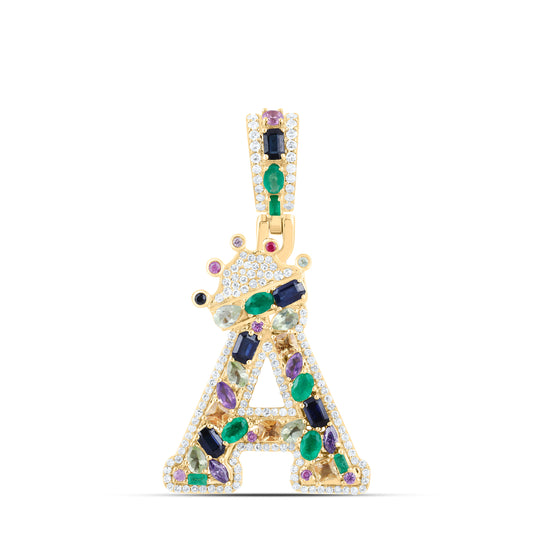 10K Yellow Gold 3/8 Cttw Natural Diamond Nk 1 5/8Ct- Natural Gem Multi Color Initial "A" Pendant