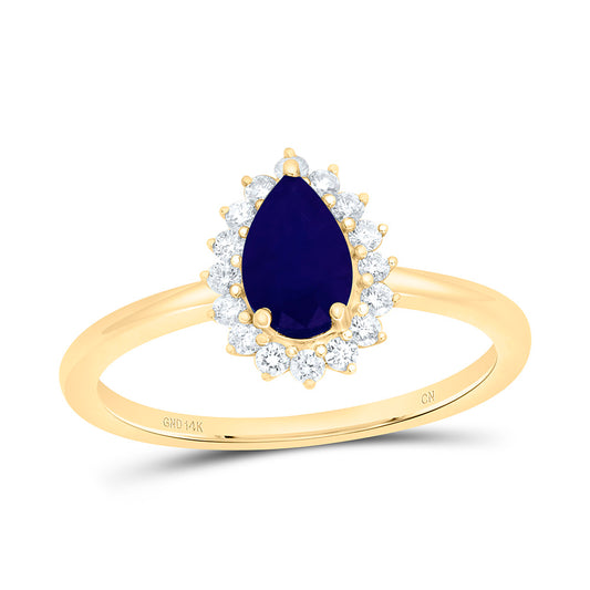 14K Yellow Gold 1/6Ctw Natural Diamond Cn 7X4.5Mm Pear Blue Sapphire Natural Gem Pear Ring
