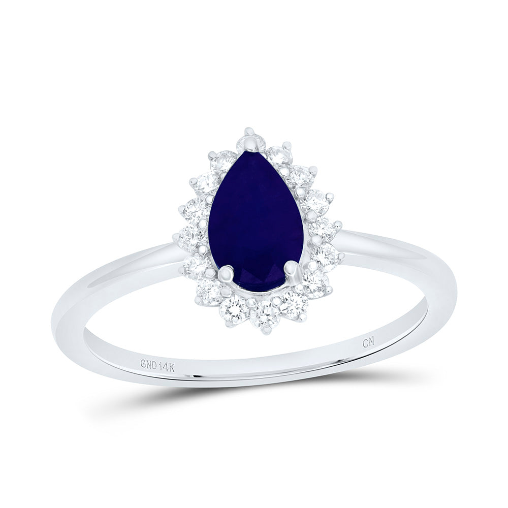14K Yellow Gold 1/6Ctw Natural Diamond Cn 7X4.5Mm Pear Blue Sapphire Natural Gem Pear Ring