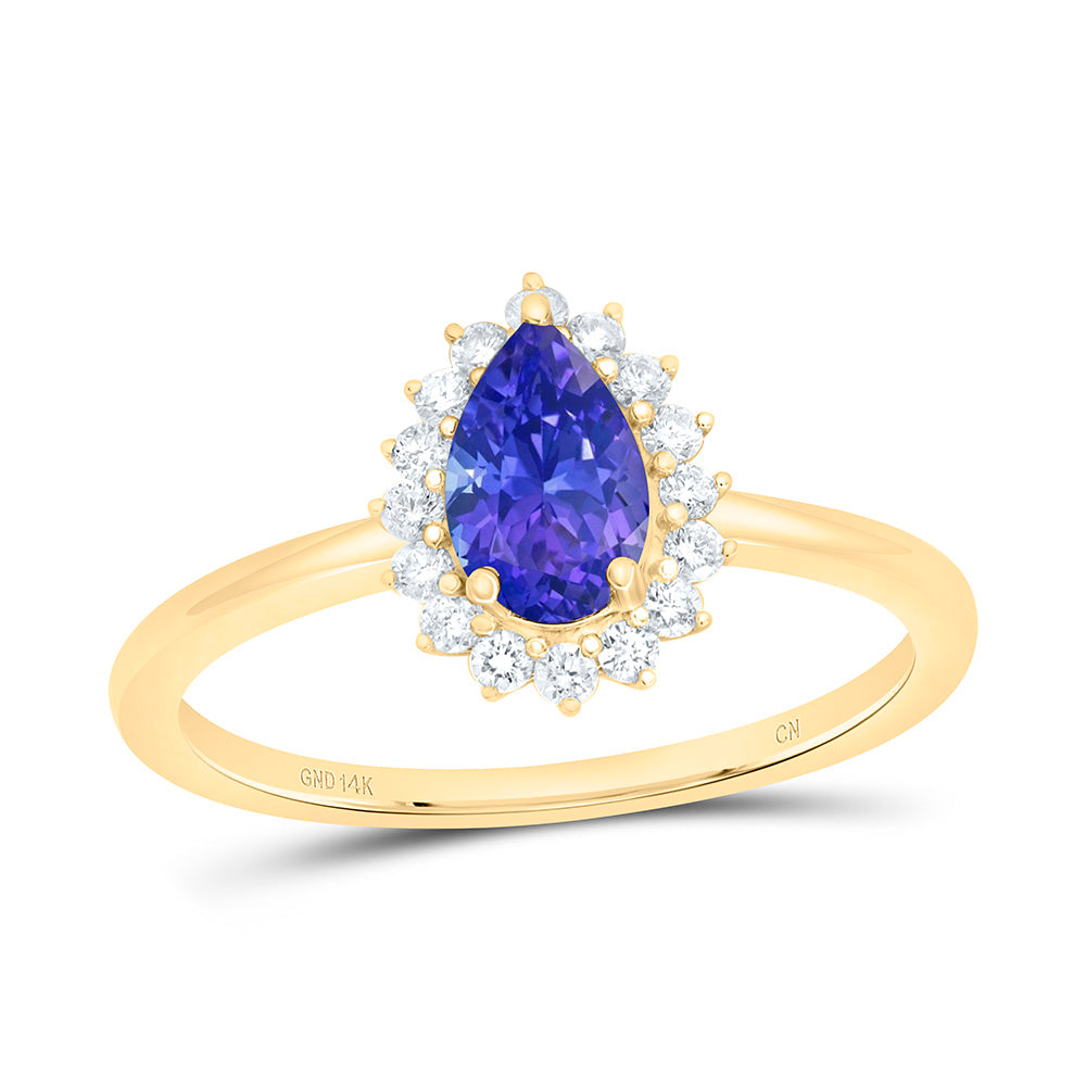 14K Yellow Gold 1/6Ctw Natural Diamond Cn 7X4.5Mm Pear Blue Sapphire Natural Gem Pear Ring