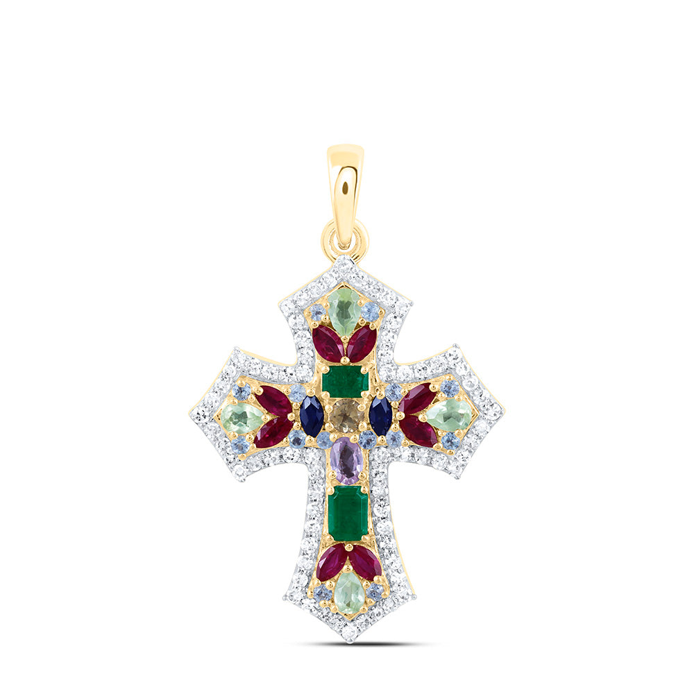10K Yellow Or White Gold 1/3 Cttw Natural Diamond Nk 1 Cttw Natural Gem Multi Color Sapphire Cross Pendant