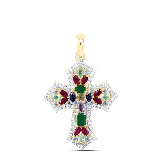 10K Yellow Or White Gold 1/3 Cttw Natural Diamond Nk 1 Cttw Natural Gem Multi Color Sapphire Cross Pendant