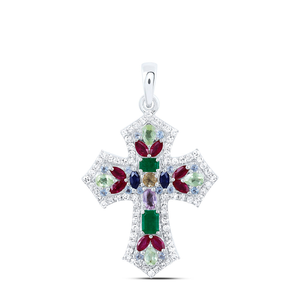 10K Yellow Or White Gold 1/3 Cttw Natural Diamond Nk 1 Cttw Natural Gem Multi Color Sapphire Cross Pendant