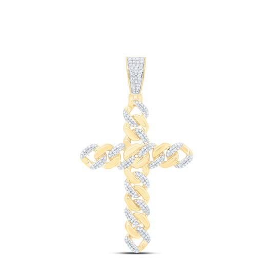10K Yellow Gold 1 3/4 Cttw Natural Diamond Nk Cuban Cross Mens Charm