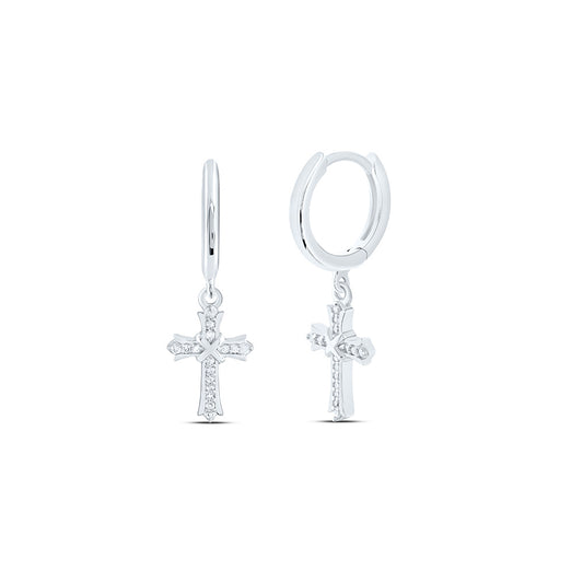 Sterling Silver 1/10 Cttw Natural Diamond Cross Dangling Earring