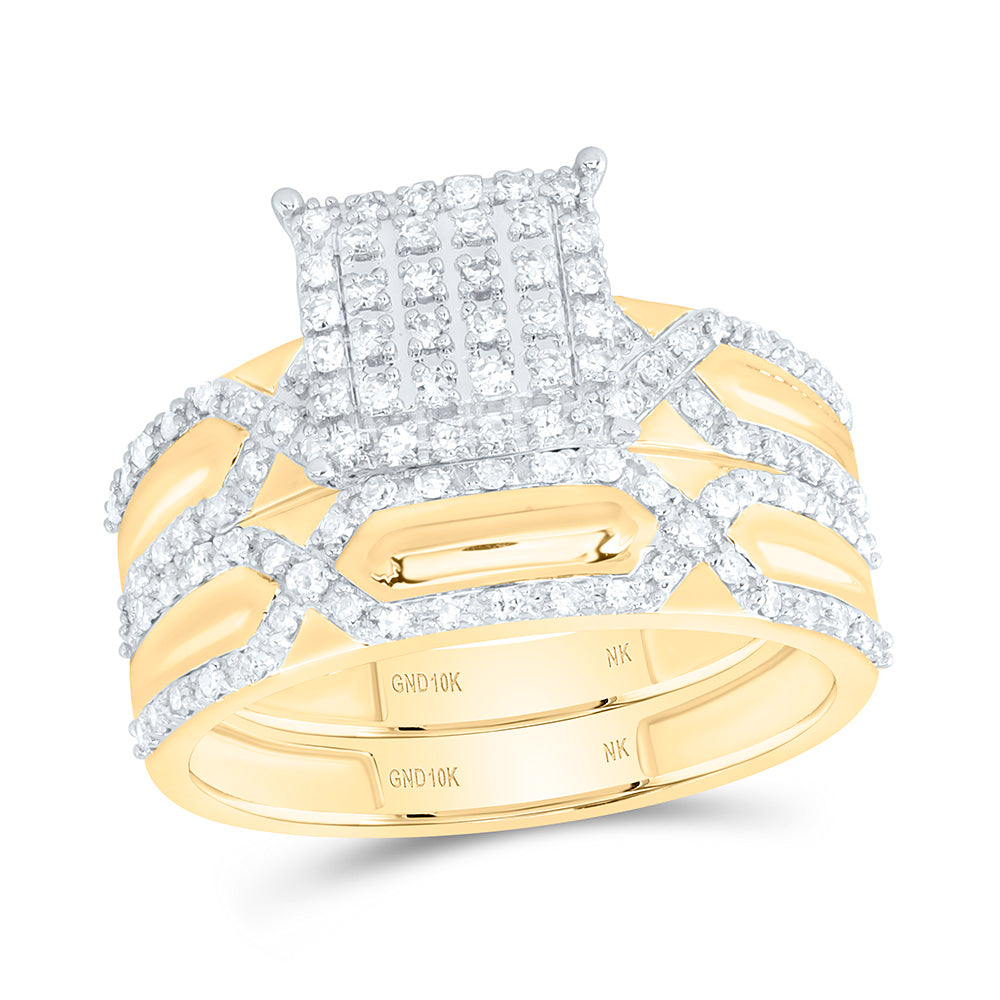 10K Yellow Or White Gold 5/8 Cttw Natural Diamond Nk Fashion Square Bridal Anniversary Wedding Engagement Band Ring Trio Set
