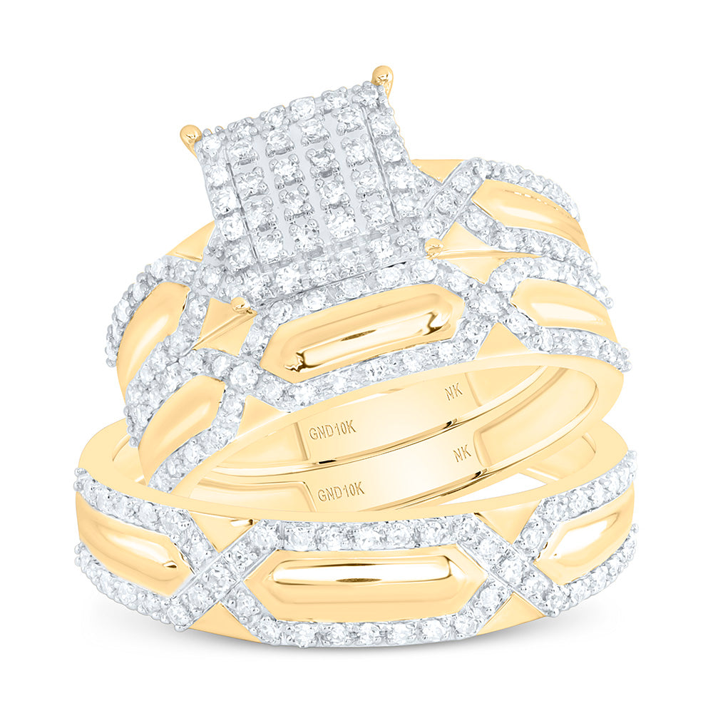 10K Yellow Or White Gold 5/8 Cttw Natural Diamond Nk Fashion Square Bridal Anniversary Wedding Engagement Band Ring Trio Set