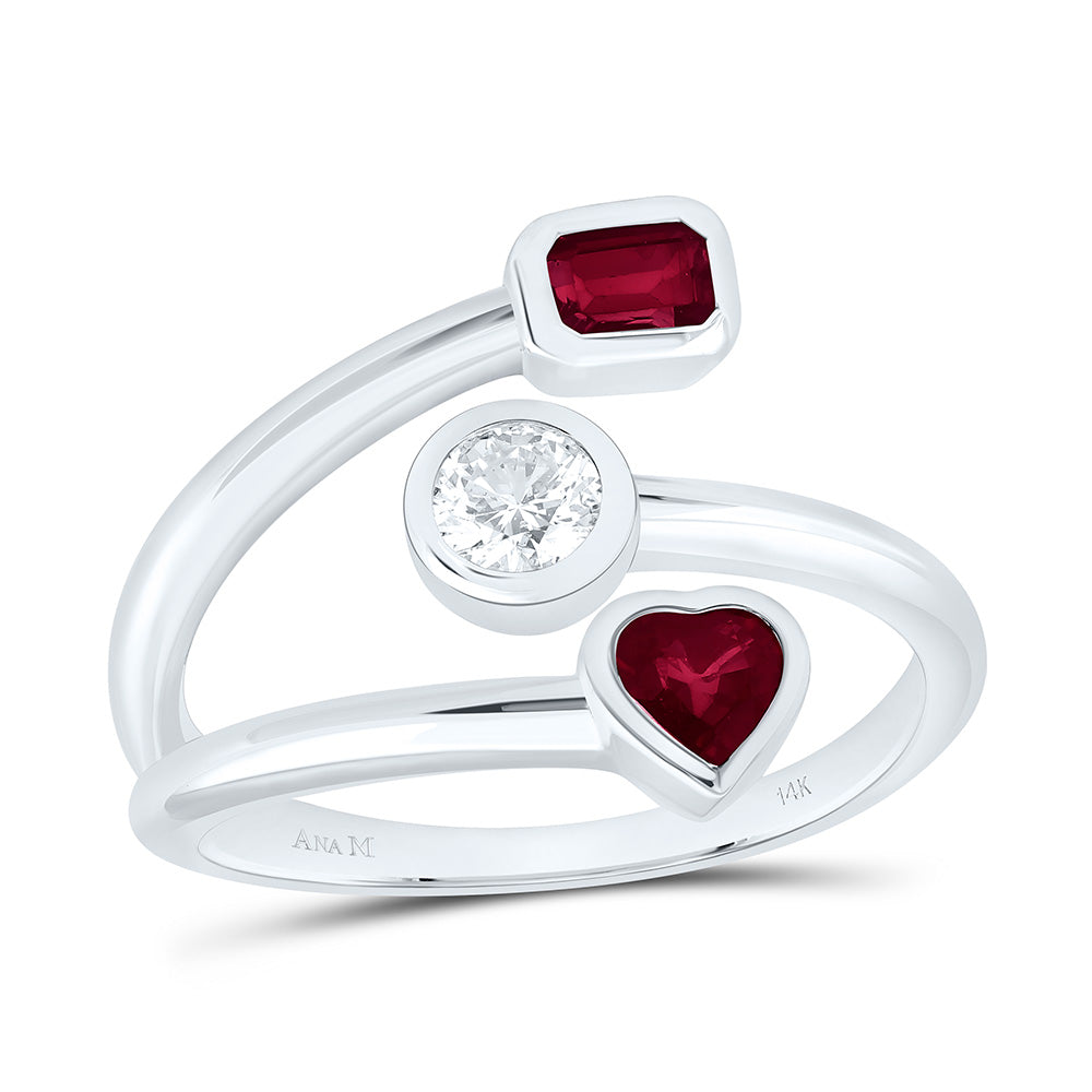 14K Yellow Or White Gold 1/4 Cttw Center Round Natural Diamond Ana M 1/4 Cttw Heart Ruby, 1/4 Cttw Emerald Ruby Natural Gem Bridal Anniversary Wedding Engagement Band Ring