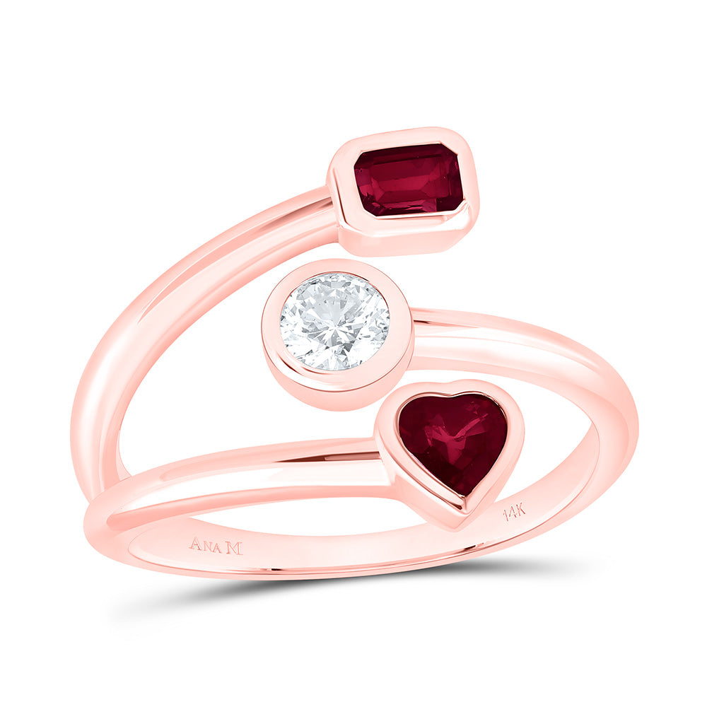 14K Yellow Or White Gold 1/4 Cttw Center Round Natural Diamond Ana M 1/4 Cttw Heart Ruby, 1/4 Cttw Emerald Ruby Natural Gem Bridal Anniversary Wedding Engagement Band Ring