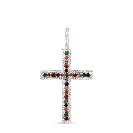 10K Yellow Gold 5/8 Cttw Natural Diamond Cn 1 1/5 Cttw Round Natural Gem Multi Color Sapphire Cross Pendant