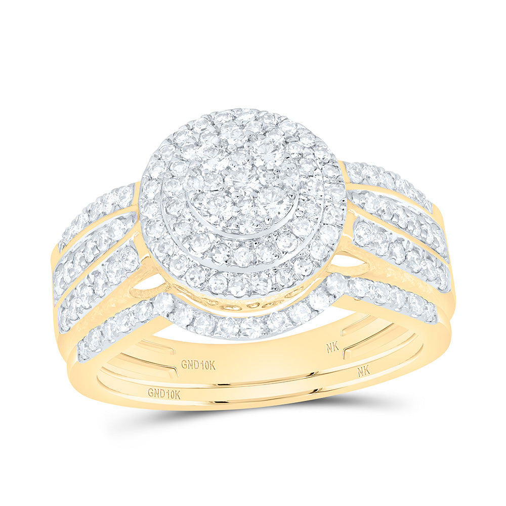 10K Yellow Or White Gold 7/8 Cttw Natural Diamond Nk Round Double Halo Anniversary Wedding Engagement Band Ring Bridal Set