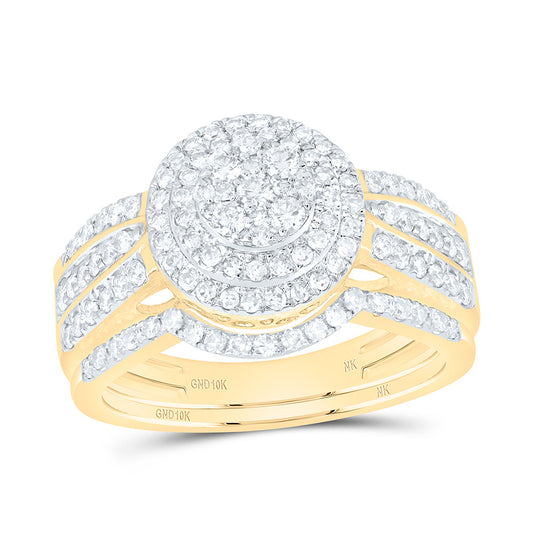 10K Yellow Or White Gold 7/8 Cttw Natural Diamond Nk Round Double Halo Anniversary Wedding Engagement Band Ring Bridal Set