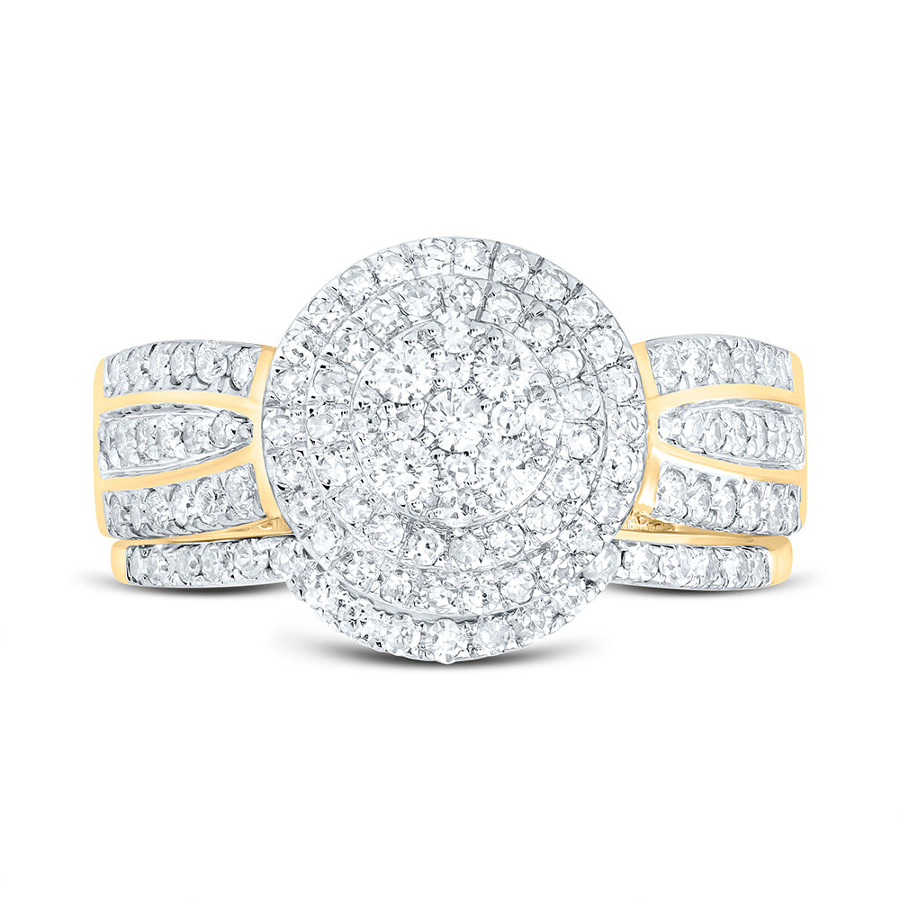 10K Yellow Or White Gold 7/8 Cttw Natural Diamond Nk Round Double Halo Anniversary Wedding Engagement Band Ring Bridal Set