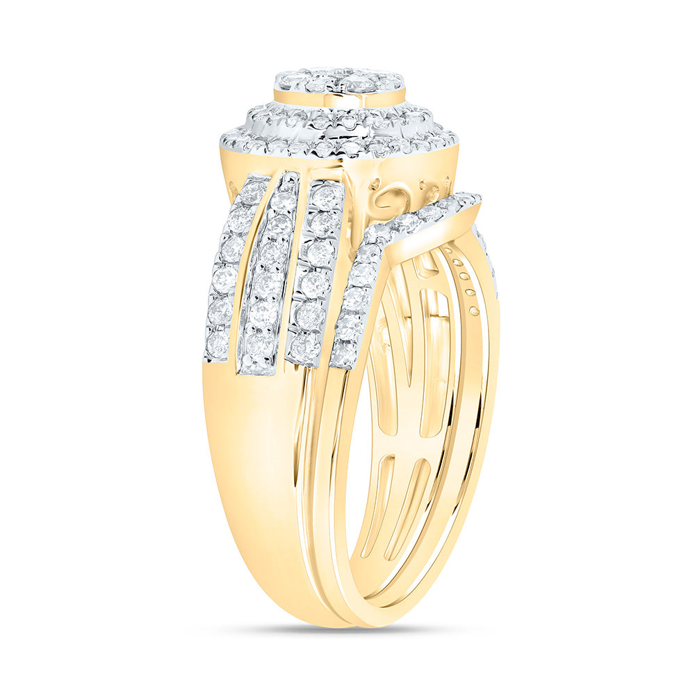 10K Yellow Or White Gold 7/8 Cttw Natural Diamond Nk Round Double Halo Anniversary Wedding Engagement Band Ring Bridal Set