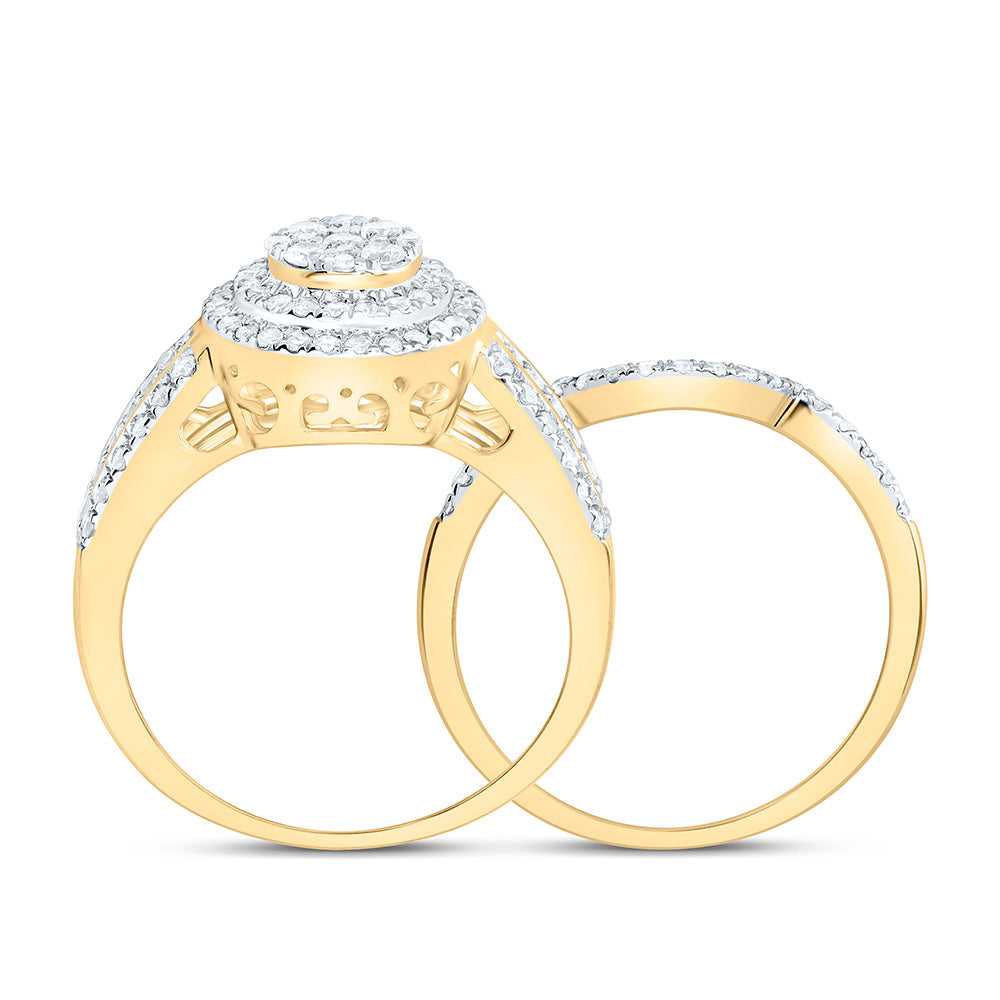 10K Yellow Or White Gold 7/8 Cttw Natural Diamond Nk Round Double Halo Anniversary Wedding Engagement Band Ring Bridal Set