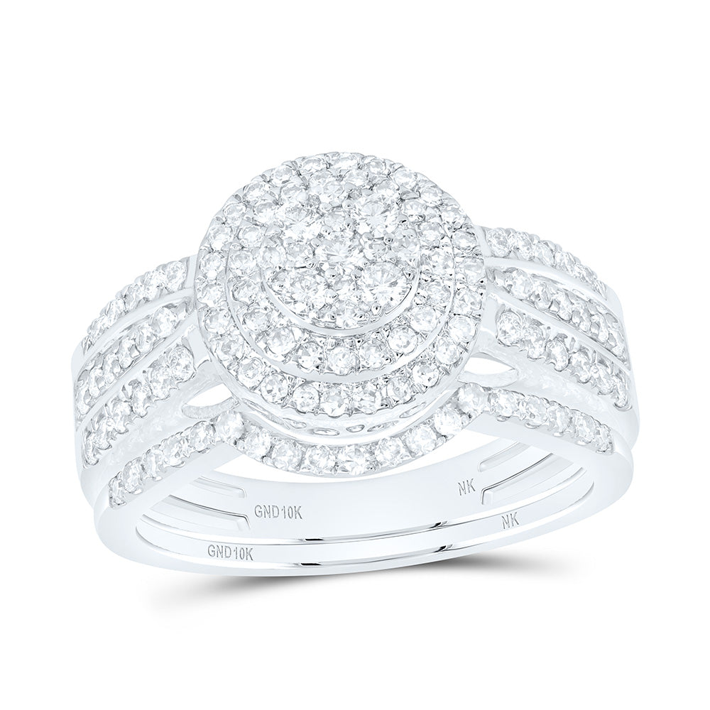 10K Yellow Or White Gold 7/8 Cttw Natural Diamond Nk Round Double Halo Anniversary Wedding Engagement Band Ring Bridal Set