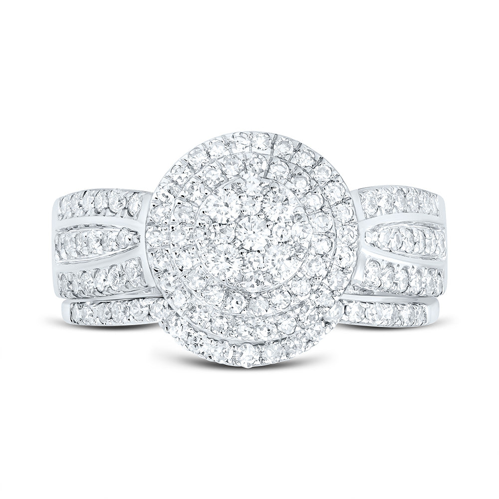 10K Yellow Or White Gold 7/8 Cttw Natural Diamond Nk Round Double Halo Anniversary Wedding Engagement Band Ring Bridal Set