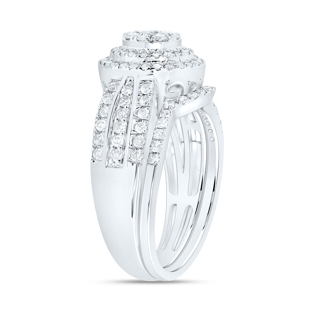 10K Yellow Or White Gold 7/8 Cttw Natural Diamond Nk Round Double Halo Anniversary Wedding Engagement Band Ring Bridal Set