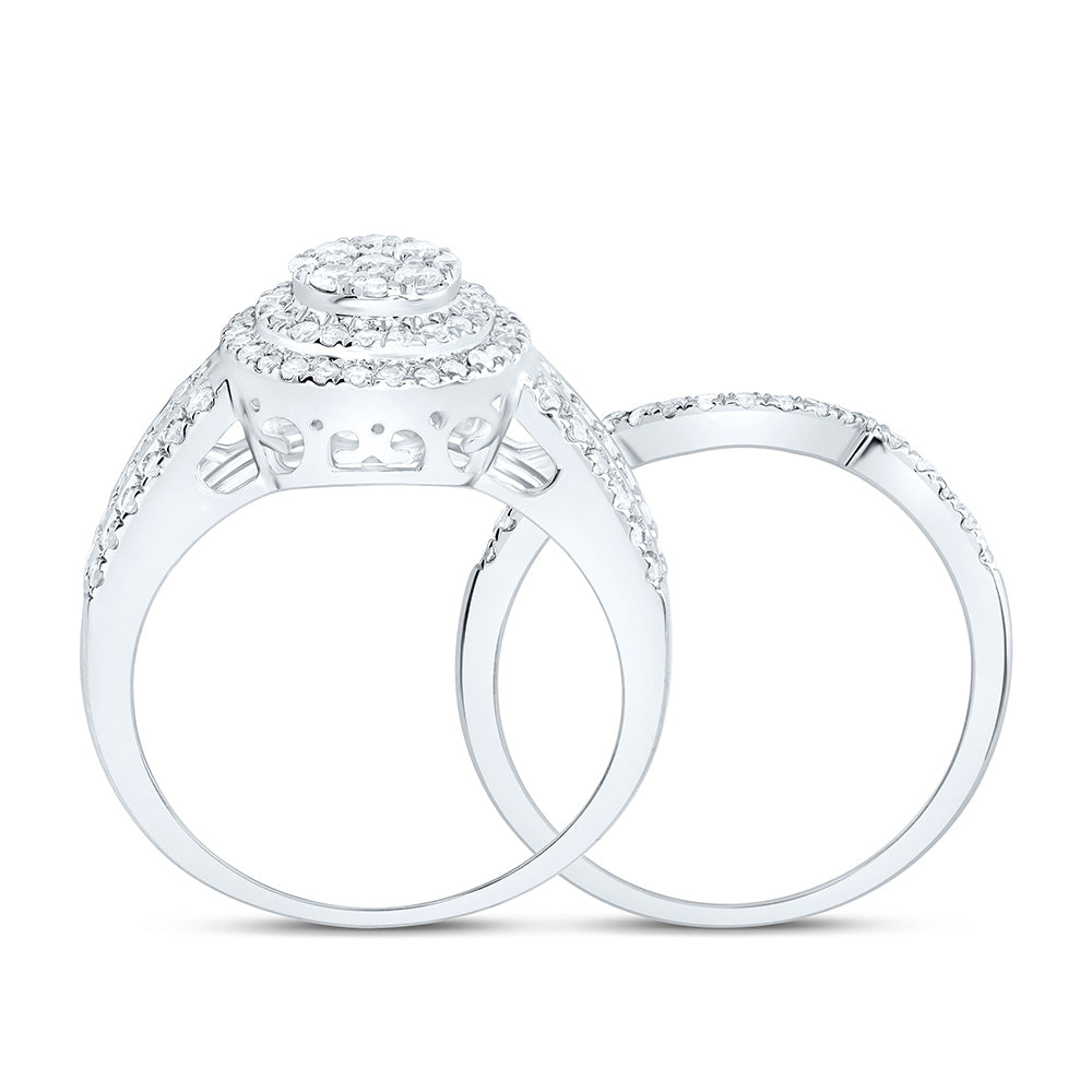 10K Yellow Or White Gold 7/8 Cttw Natural Diamond Nk Round Double Halo Anniversary Wedding Engagement Band Ring Bridal Set