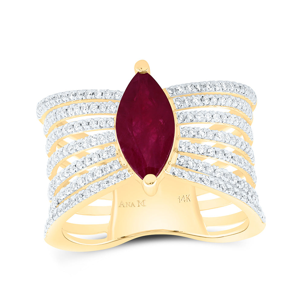 14K Yellow Gold 1/2 Cttw Natural Diamond Ana M 11X5.50Mm Marquise Ruby Natural Gem Bridal Anniversary Wedding Engagement Band Ring