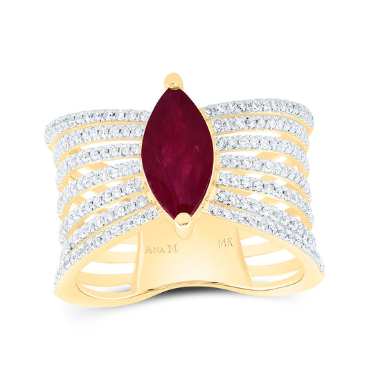 14K Yellow Gold 1/2 Cttw Natural Diamond Ana M 11X5.50Mm Marquise Ruby Natural Gem Bridal Anniversary Wedding Engagement Band Ring