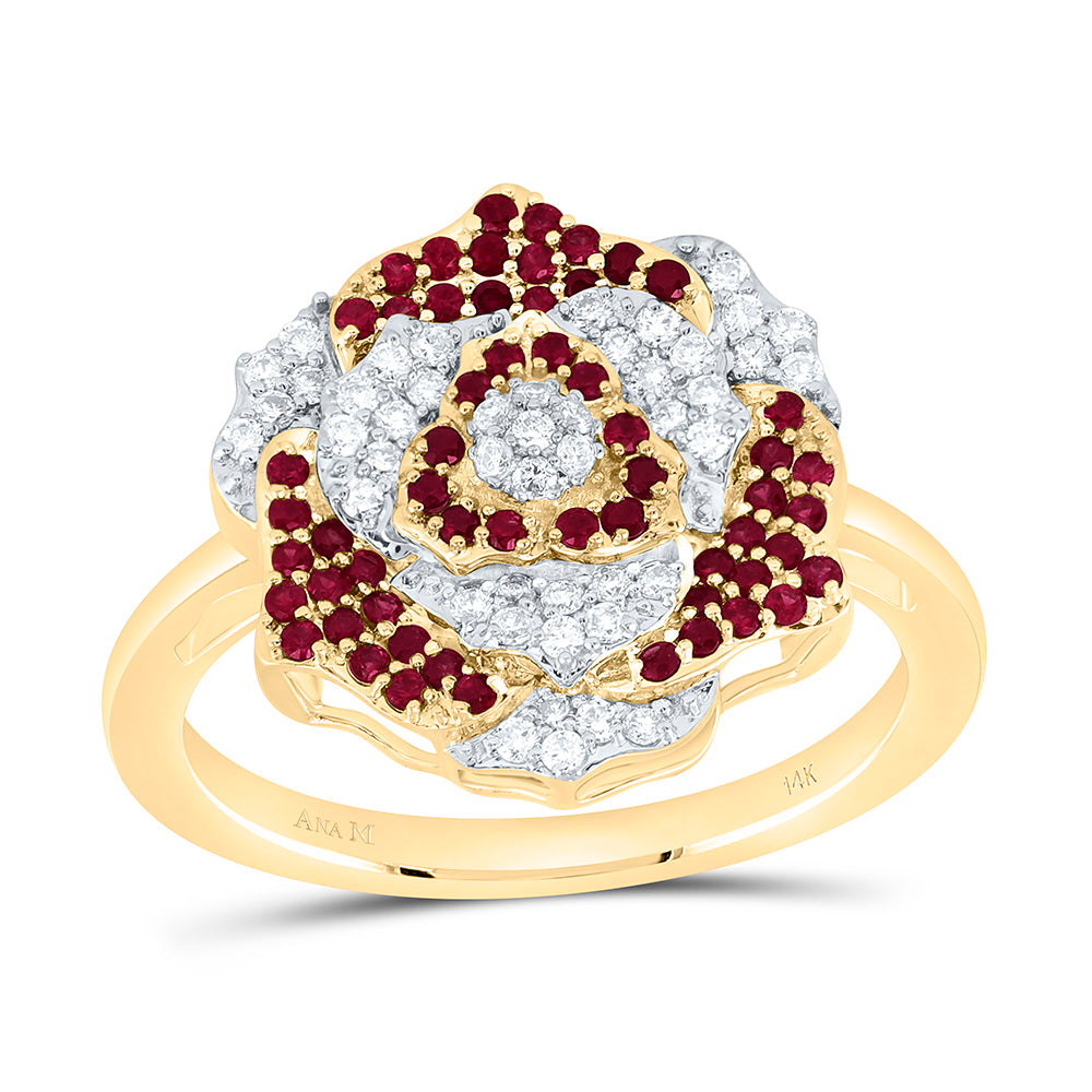 14K Yellow Gold 1/4Ctw Natural Diamond Ana M 1/3Ct Round Ruby Natural Gem Flower Ring