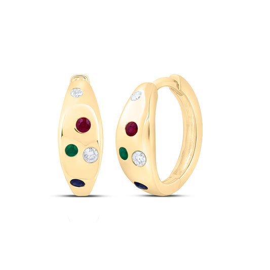 10K Yellow Or White Gold 1/20 Cttw Natural Diamond Ana M 1/12 Cttw Round Ruby, 1/12 Cttw Round Blue Sapphire, 1/20 Cttw Round Emerald, Natural Gem Hoop Earring