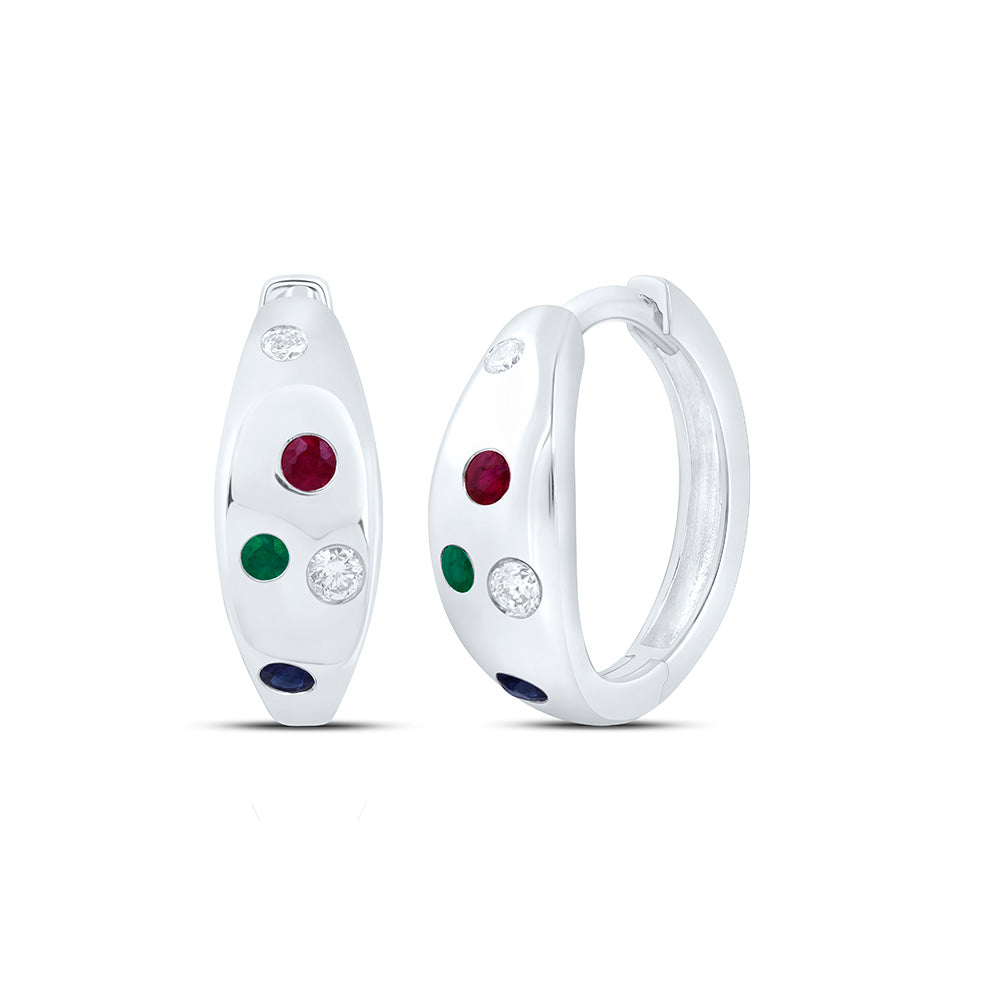 10K Yellow Or White Gold 1/20 Cttw Natural Diamond Ana M 1/12 Cttw Round Ruby, 1/12 Cttw Round Blue Sapphire, 1/20 Cttw Round Emerald, Natural Gem Hoop Earring