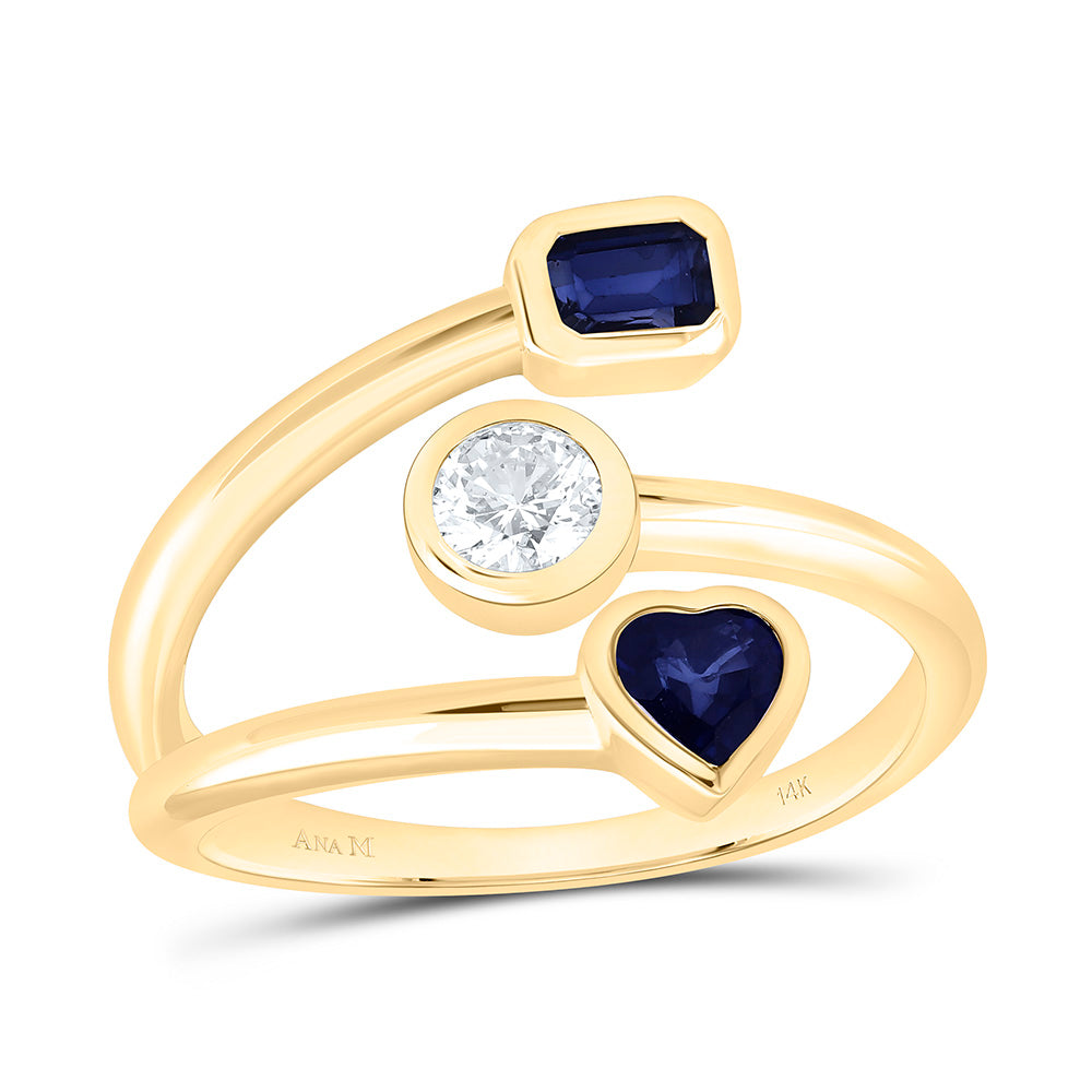 14K Yellow Gold 1/4Ct Center Round Natural Dia Ana M 1/3Ct Heart Blue Sapphire, 1/4Ct Emerald Blue Sapphire Natural Gem Ring