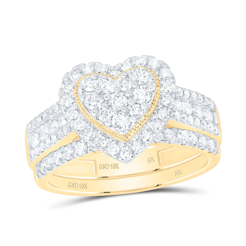 10K Yellow Or White Gold 1 Cttw Natural Diamond Nk Fashion Heart Anniversary Wedding Engagement Band Ring Bridal Set