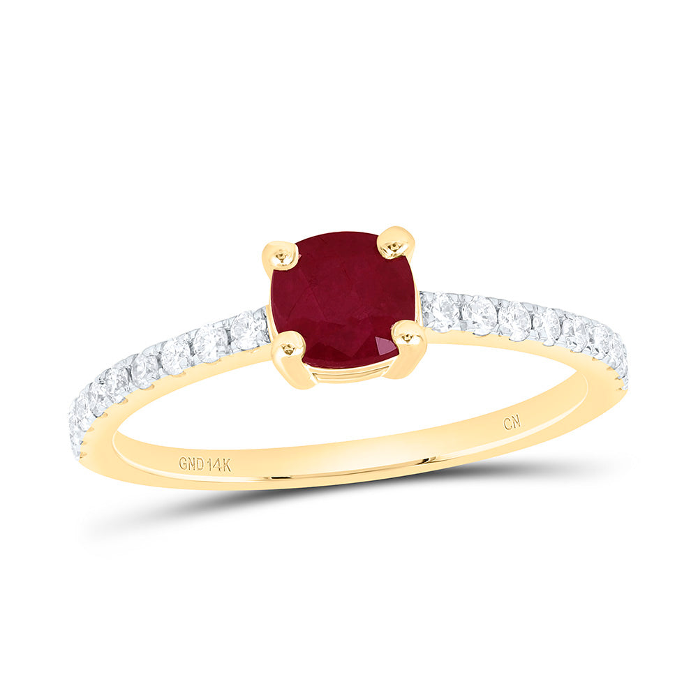 14K Yellow Gold 1/5Ctw Natural Diamond Cn 4.9Mm Cushion Ruby Natural Gem Cushion Ring