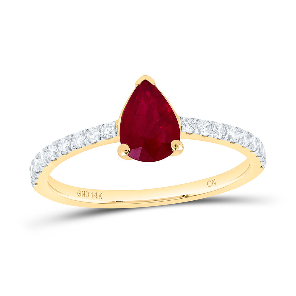 14K Yellow Gold 1/5Ctw Natural Diamond Cn  7X5Mm Pear Ruby Natural Gem Pear Ring