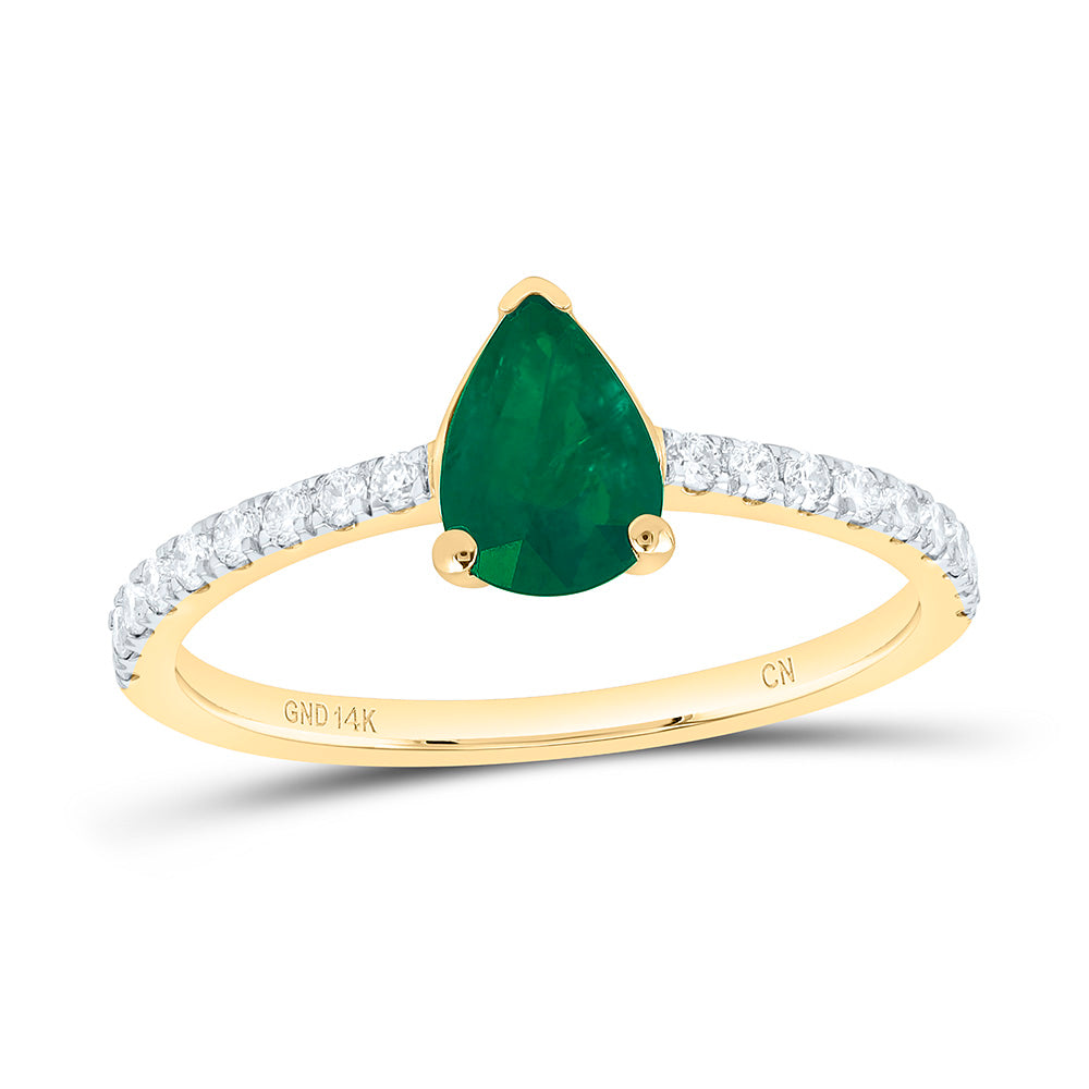 14K Yellow Gold 1/5 Cttw Natural Diamond Cn 7X5Mm Pear Shape Emerald Natural Gem Pear Bridal Anniversary Wedding Engagement Band Ring