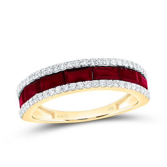 14K Yellow Gold 3/8 Cttw Natural Diamond Ana M 3/4 Cttw Baguette Ruby Natural Gem Band