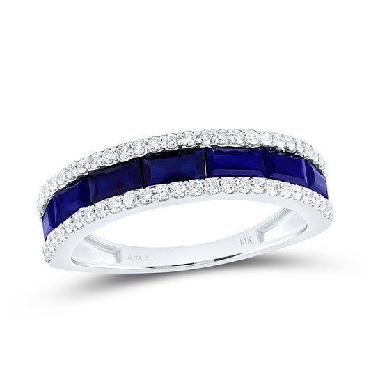 14K White Gold 1/3 Cttw Natural Diamond Ana M 1 1/2 Cttw Baguette Blue Sapphire Natural Gem Bridal Anniversary Wedding Engagement Band Ring