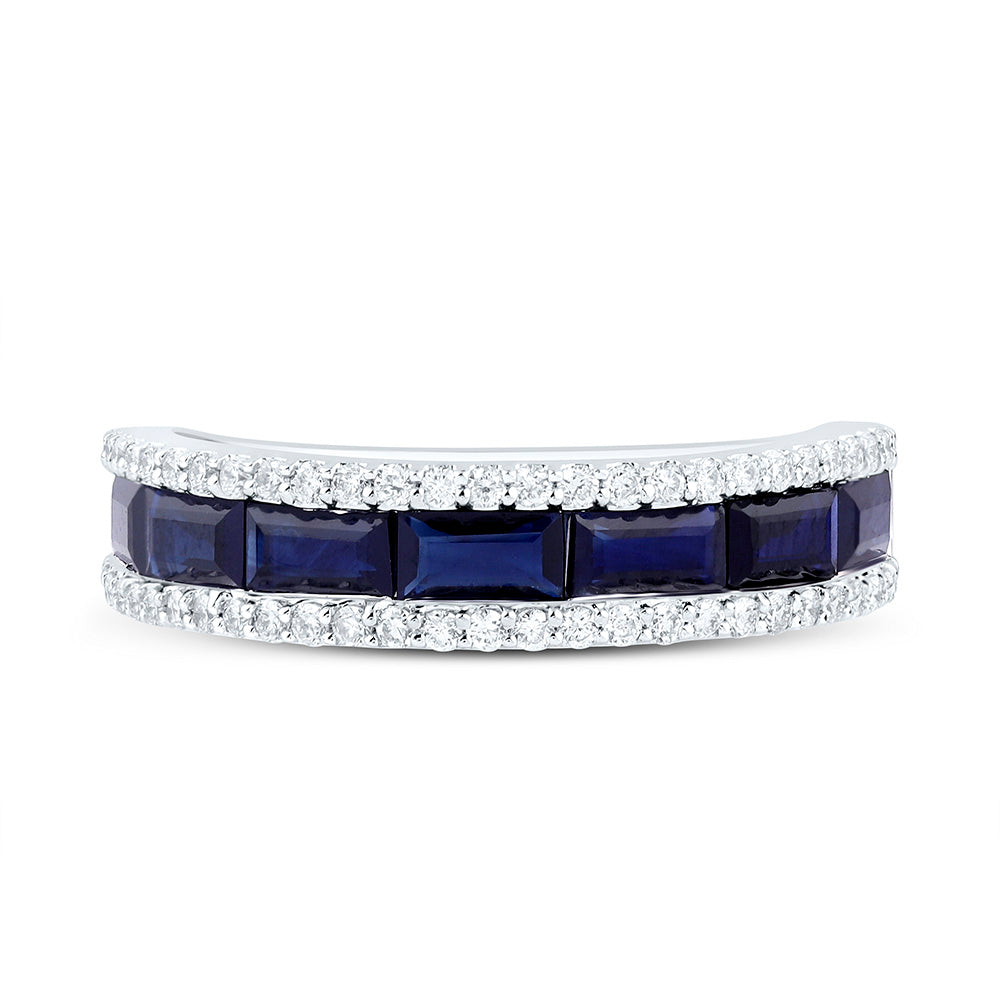 14K White Gold 1/3 Cttw Natural Diamond Ana M 1 1/2 Cttw Baguette Blue Sapphire Natural Gem Bridal Anniversary Wedding Engagement Band Ring