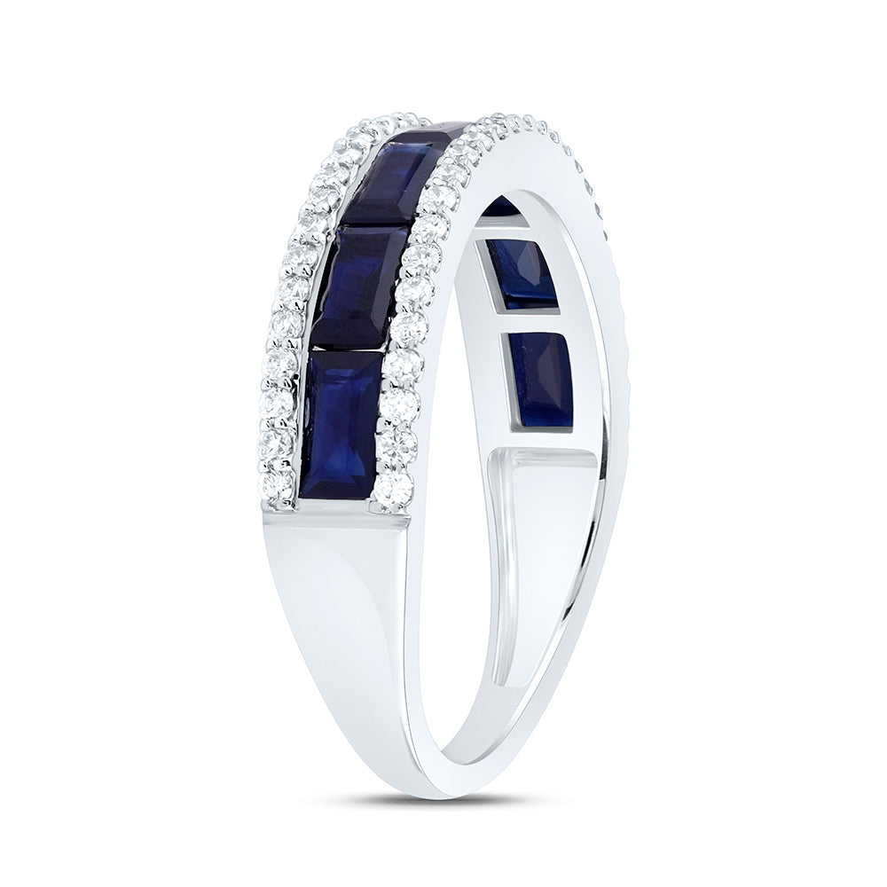 14K White Gold 1/3 Cttw Natural Diamond Ana M 1 1/2 Cttw Baguette Blue Sapphire Natural Gem Bridal Anniversary Wedding Engagement Band Ring