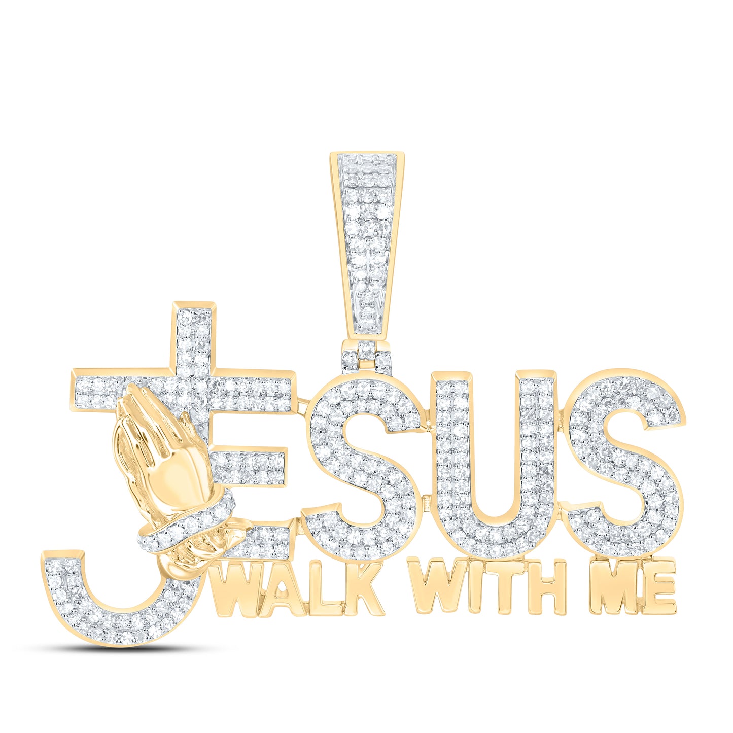 10K Yellow Gold 7/8 Cttw Natural Diamond Nk Jesus Walk With Me Mens Charm