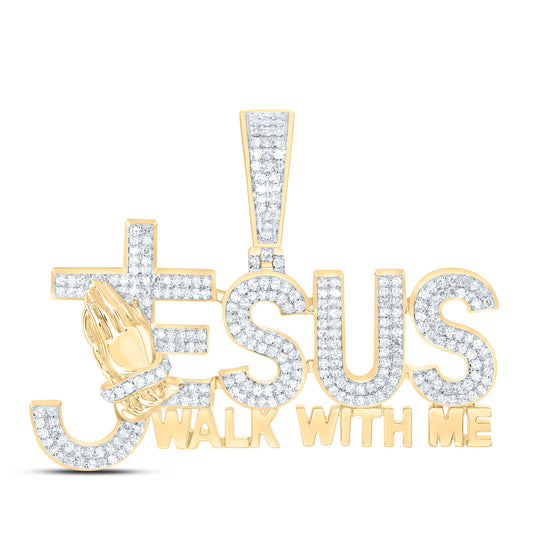 10K Yellow Gold 7/8 Cttw Natural Diamond Nk Jesus Walk With Me Mens Charm