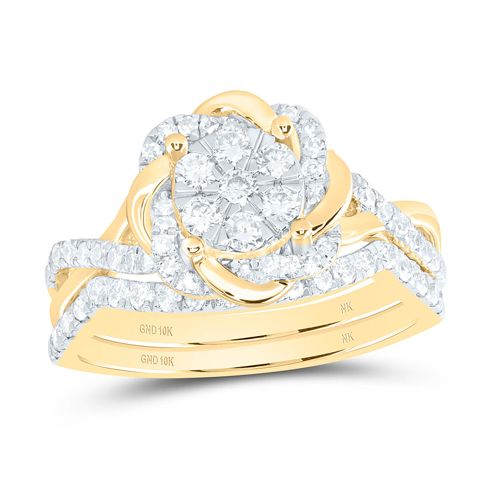 10K Yellow Or White Gold 3/4 Cttw Natural Diamond Nk Fashion Sing Halo Anniversary Wedding Engagement Band Ring Bridal Set