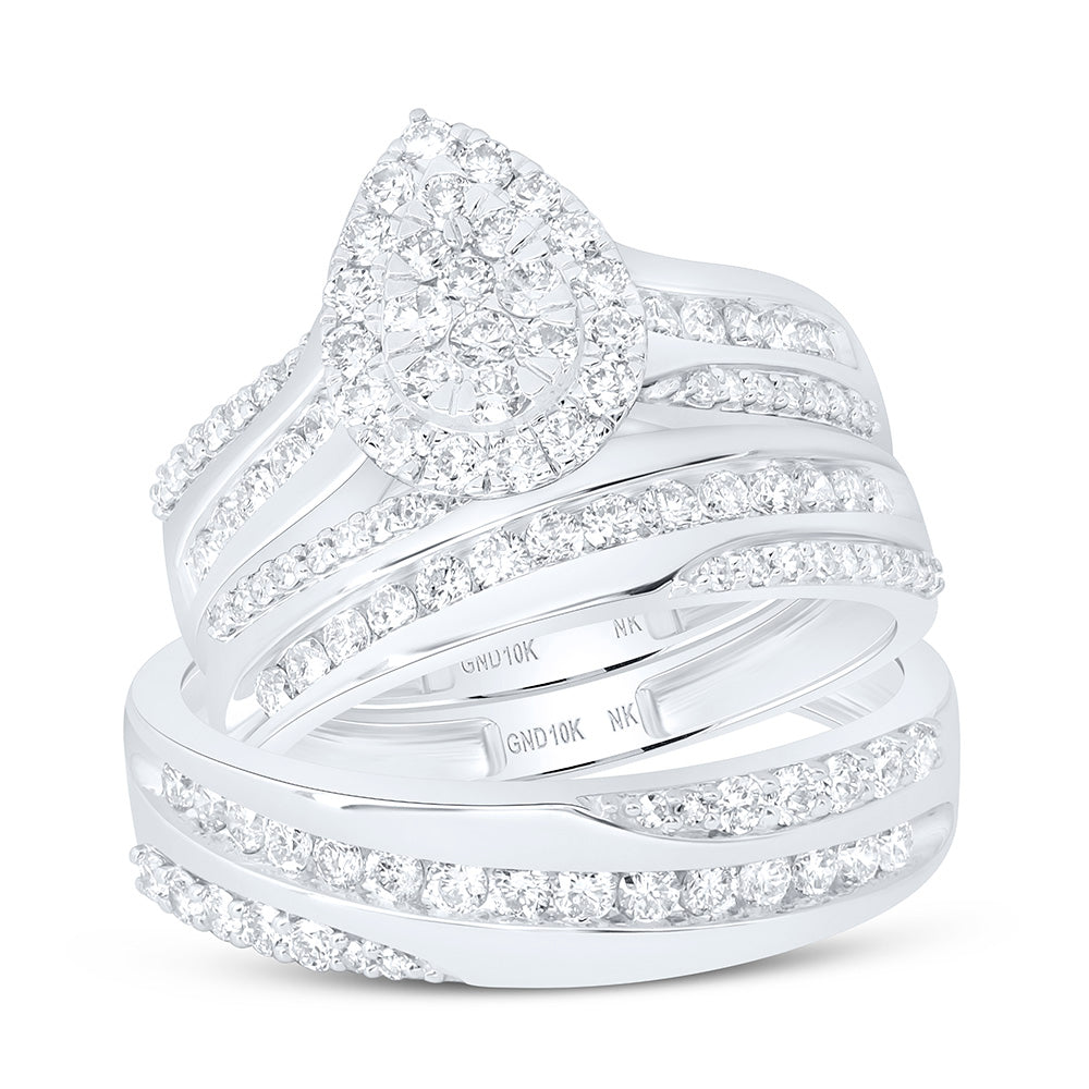 10K Yellow Or White Gold 1 1/2 Cttw Natural Diamond Nk Fashion Pear Bridal Anniversary Wedding Engagement Band Ring Trio Set