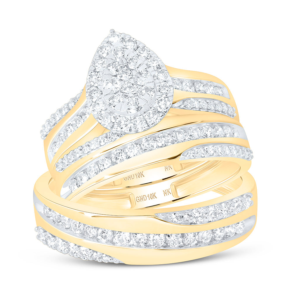 10K Yellow Or White Gold 1 1/2 Cttw Natural Diamond Nk Fashion Pear Bridal Anniversary Wedding Engagement Band Ring Trio Set