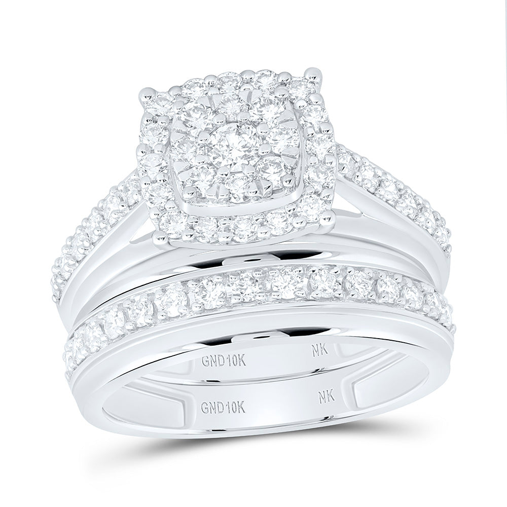 10K Yellow Or White Gold 1 1/3 Cttw Natural Diamond Nk Fashion Square Bridal Anniversary Wedding Engagement Band Ring Trio Set