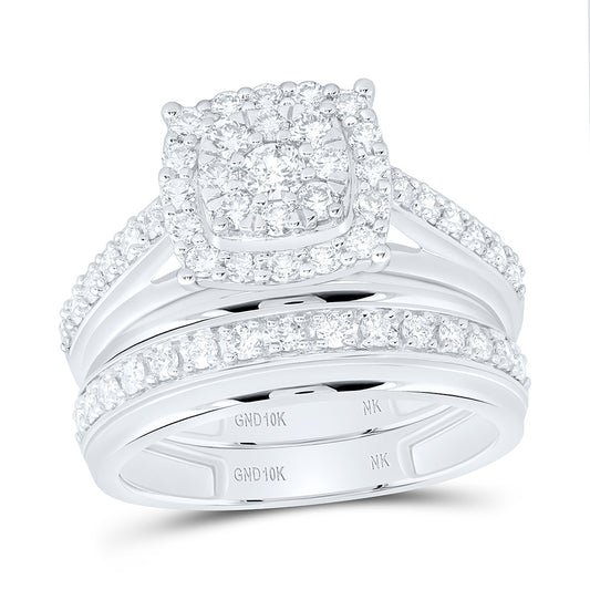10K Yellow Or White Gold 1 1/3 Cttw Natural Diamond Nk Fashion Square Bridal Anniversary Wedding Engagement Band Ring Trio Set