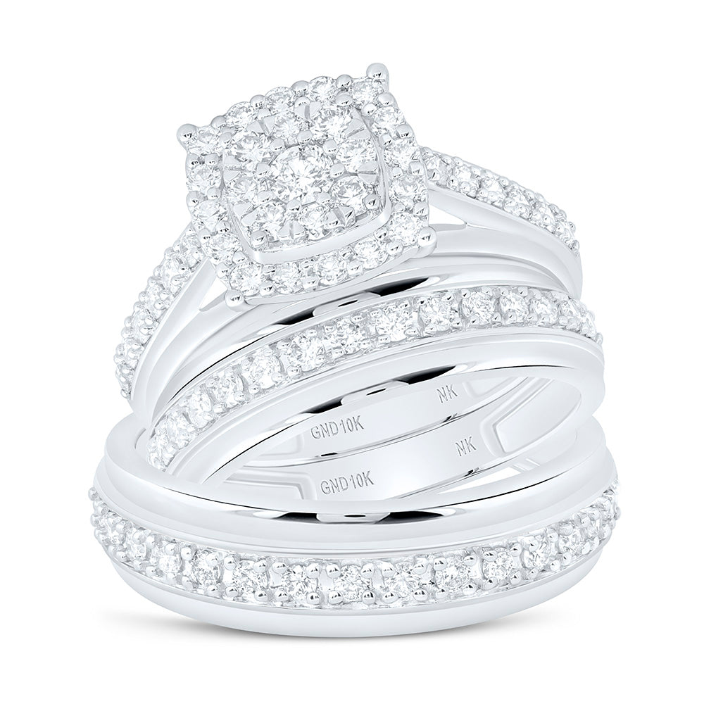 10K Yellow Or White Gold 1 1/3 Cttw Natural Diamond Nk Fashion Square Bridal Anniversary Wedding Engagement Band Ring Trio Set